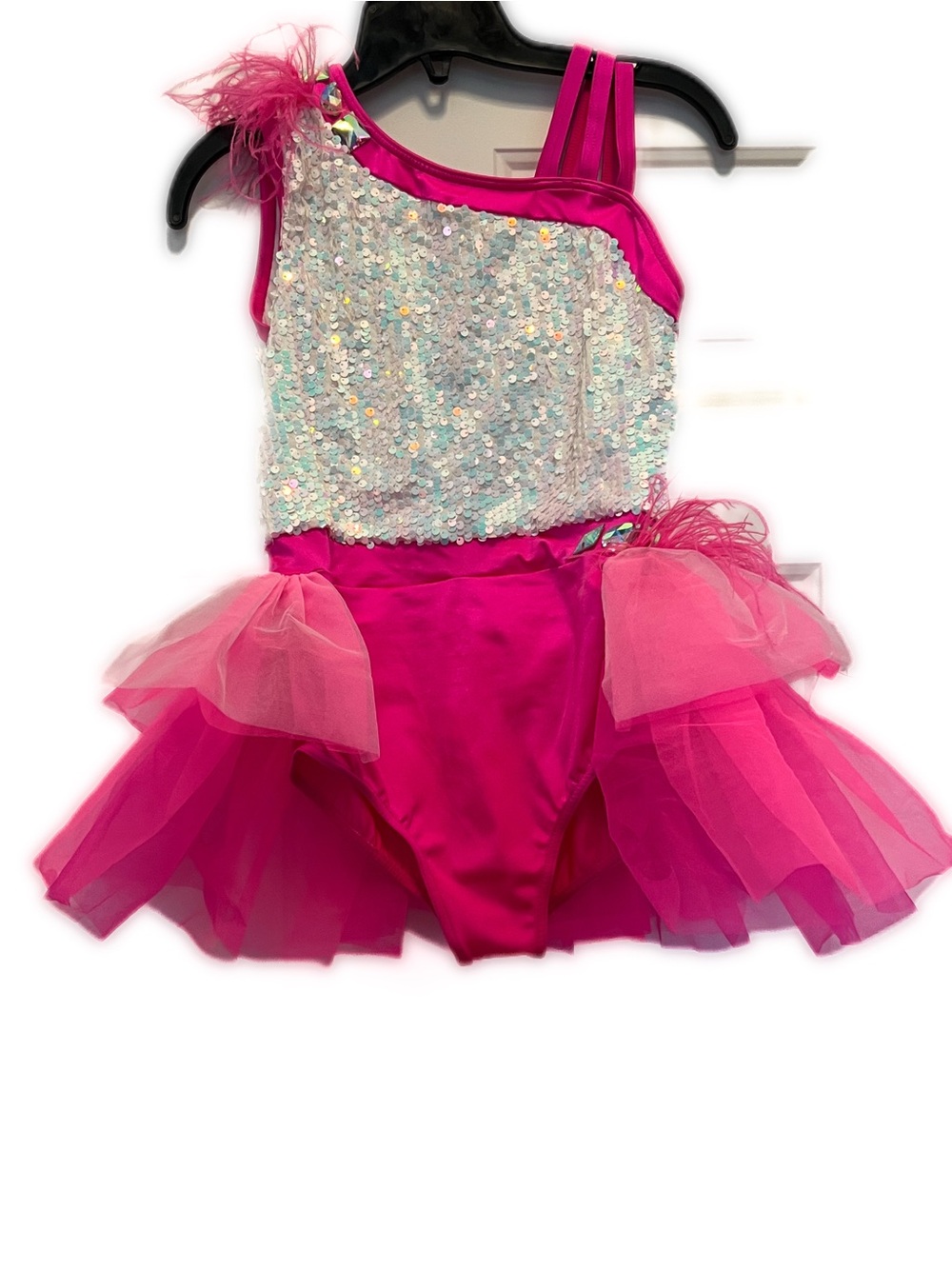 Weissman bright pink and white sequined dance costume in XLC